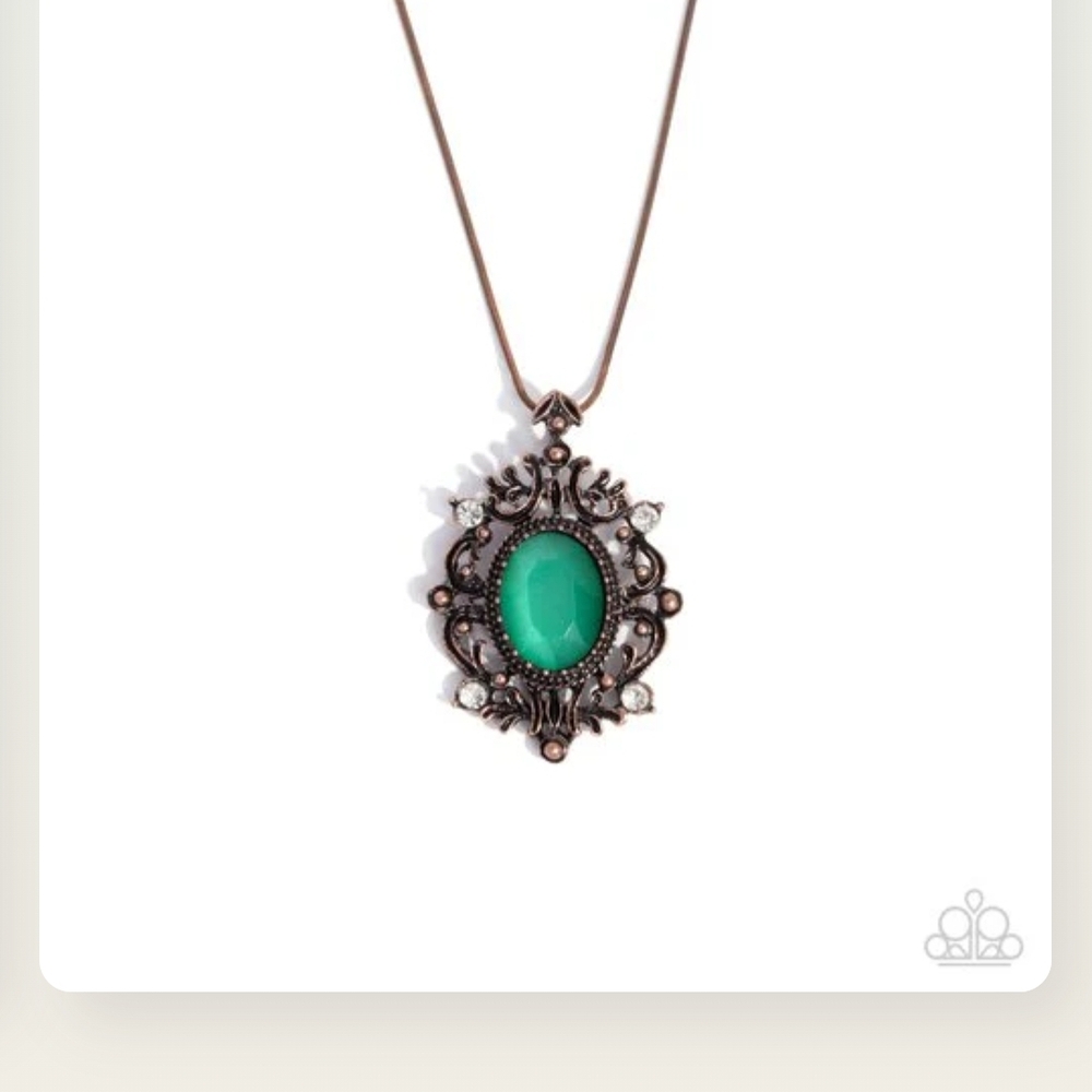 Family Crest Copper Green Cat Paparazzi Vintage-Style Green and Silver Necklace